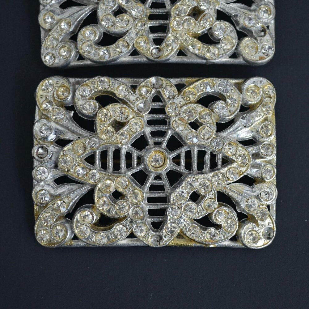 Pair Vintage Silver Rectangular Brooch Brooches Cz - image 2